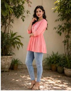 Pretty Peach Embroidered Kurti-All size