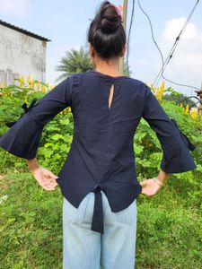Navy Blue Embroidered Sleeve Tie Top