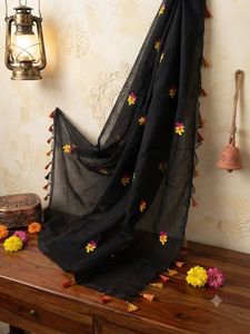 Black Embroidered Kota Saree with Tassels