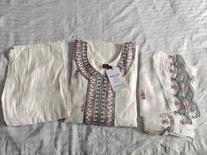 White Embroidered Kurti Pant Dupatta Suit Set