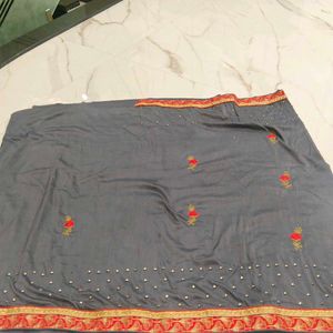 Designer Grey Saree with Red &amp; Gold Border
