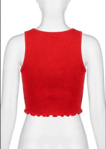 Red Ribbed Lettuce Hem Crop Top