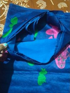 Elegant Blue Saree with Pink &amp; Green Motifs
