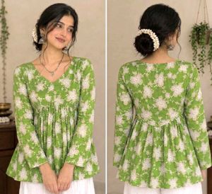 Green Floral Print Flared Kurta Top