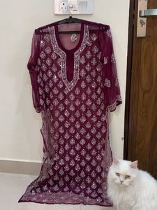 Burgundy Embroidered Chikankari Kurta