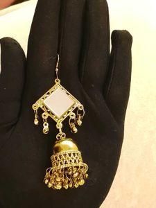 Golden jhumka hangings with mirror