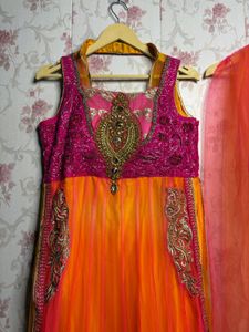 Stunning Orange &amp; Pink Anarkali Lehenga Choli