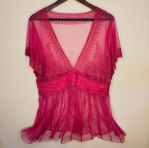 y2k embellished Sheer Beaded V-Neck Tunic Top