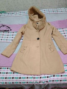 Stylish Tan Coat with Faux Fur Hood
