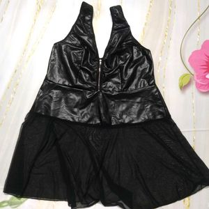 (1300)Black Faux Leather Mesh Dress