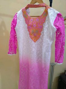 Beautiful Pink White Kurta With Neck Embroidery