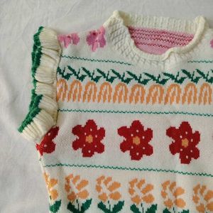 Floral Knit Top with Ruffle Sleeves