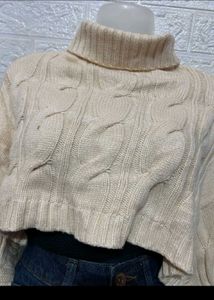 Cream Cable Knit Turtleneck Cropped Sweater