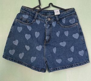 Cute Heart Print Denim Shorts