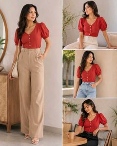 Chic Red Puff Sleeve Button-Up Top