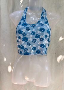 Blue Floral Halter Neck Crop Top