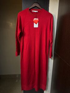 ZARA Red knit Long Sleeve Midi Dress