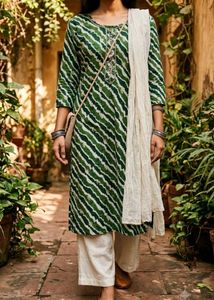 Green Striped Jaipuri Kurta for women