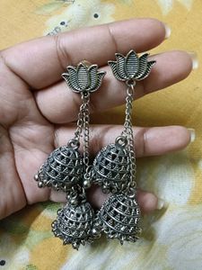 Bohemian Silver Lotus Jhumka Earrings