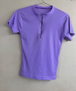 Purple Ribbed Zip-Up Top