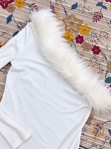 Chic White One-Shoulder Fur Trim Top