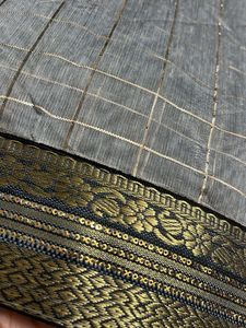 Elegant Grey Saree with Gold Stripes
