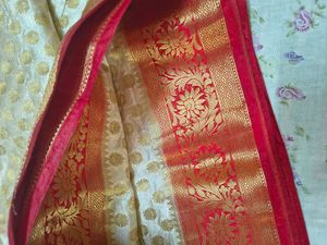 Elegant Cream &amp; Red Silk Saree