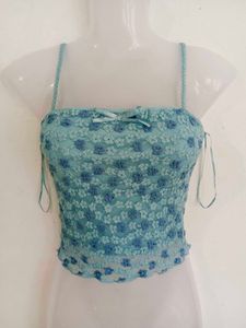 Blue Lace Floral Crop Top