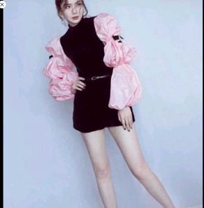 Chic Black dress with Pink Puff Sleeves
