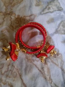 Red Silk Bangles with Gold Charms