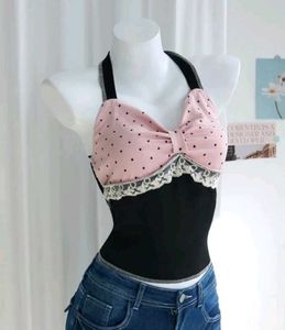 pink polka dot halter neck top