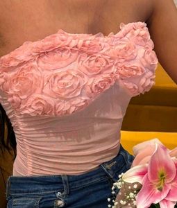 Pink Rose Embellished Mesh Top