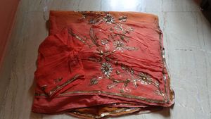 Embellished Saree - Coral &amp; Mustard