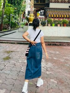 Denim Midi Skirt with Front Slit