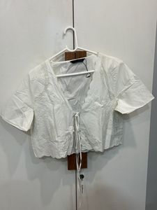 zara off White Embroidered Tie-Front Cropped Top