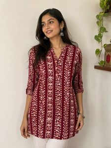 Maroon Printed Short Cotton Kurta