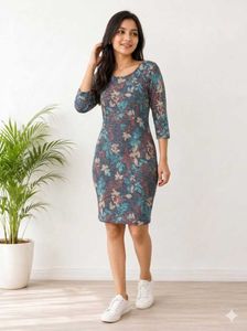 New Floral Print 3/4 Sleeve Bodycon Dress
