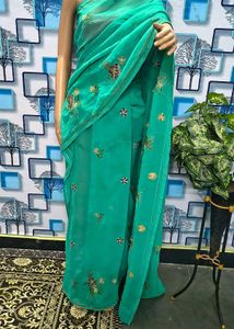 Elegant Teal Embroidered Saree Sea green