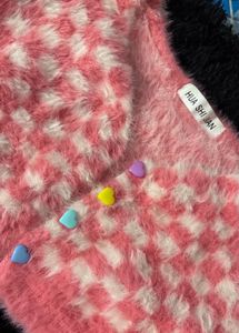 Cute Pink Checkered Fuzzy Crop Cardigan