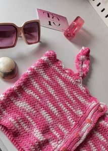 Crocheted Pink &amp; White Striped Tank Top