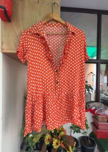 Orange Polka Dot Button-Up Top