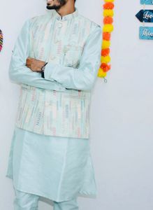 Men's Light Blue Kurta with Nehru Jacket