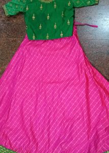 Embellished Green Silk Blouse with pink lehenga