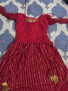Elegant Red &amp; Gold Anarkali Style Lehenga