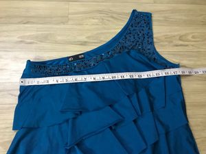 one shoulder blue dress bust 34/36 length 33/1/2