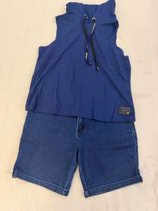 Blue Sleeveless Hoodie & Denim Shorts Set