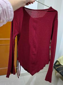 Maroon Ribbed Asymmetric Hem Top with Bell Sleeves