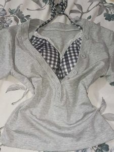 Cute Grey Pyjama Set with Checkered Top