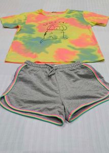 Cute Tie-Dye Cat T-Shirt & Shorts Set