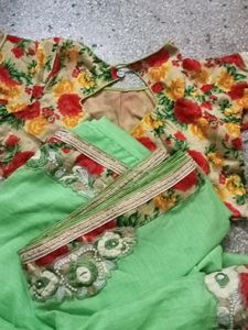 Parrot Green Colour Saree With Diziner Bilouse
